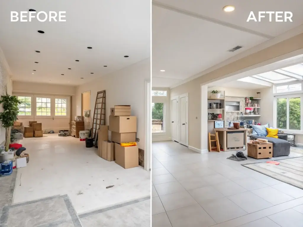 Before-and-after comparison of a room prepared during a home cleanout